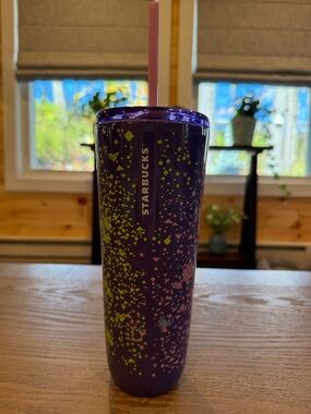 Starbucks Purple Tumbler with Pink Straw and Green Accent Pattern